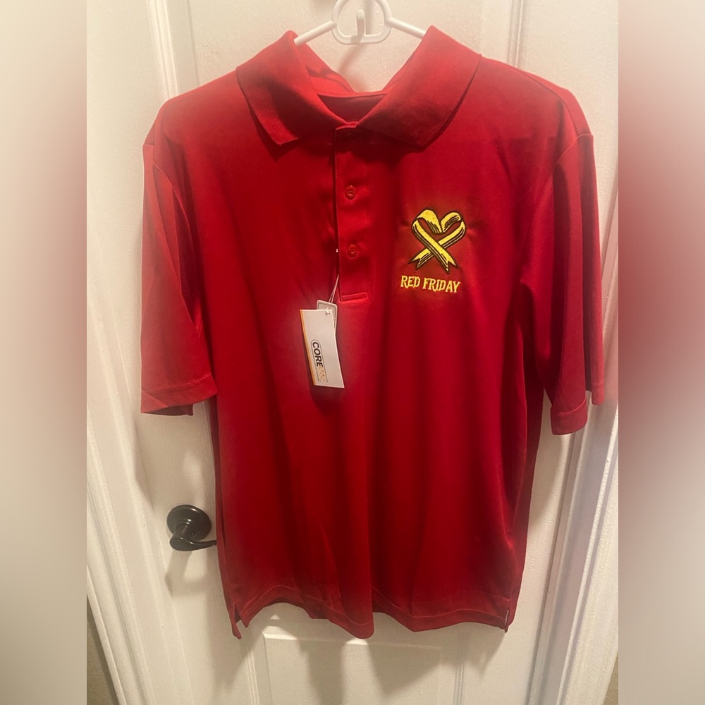 Red Friday polo shirt. Never worn. Men’s medium. Ladies large.